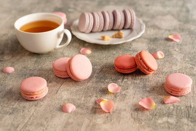 Mooie roze smakelijke bitterkoekjes op een concrete achtergrond