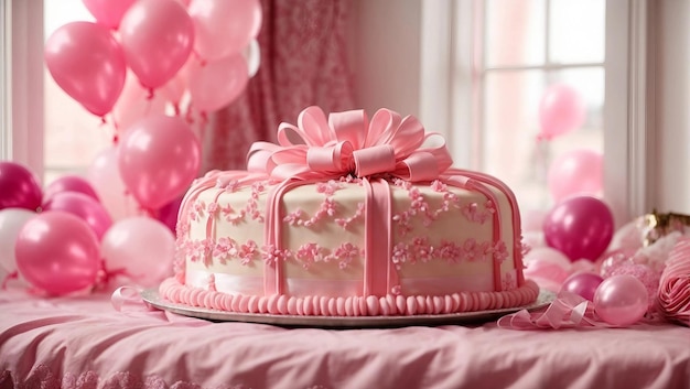 Mooie roze taart rond veel ballonnen en geschenkdozen in een grote lichte kamer Generatieve AI