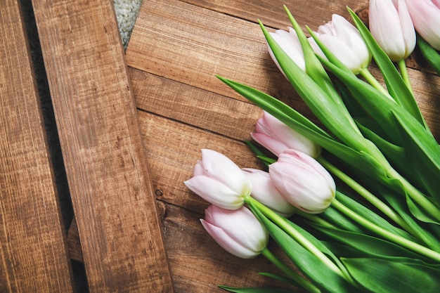 Mooie roze tulp bloemen op het houten bord