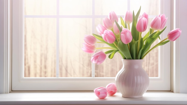 Mooie roze tulpen in een glazen vaas op de achtergrond van de vensterbank