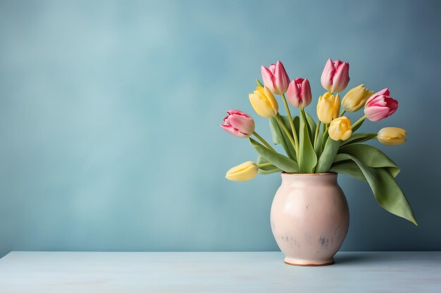 Mooie roze tulpen op een blauwe pasteltafel.