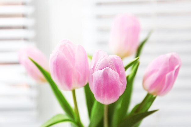 Mooie roze tulpen op vensterbank, macroweergave