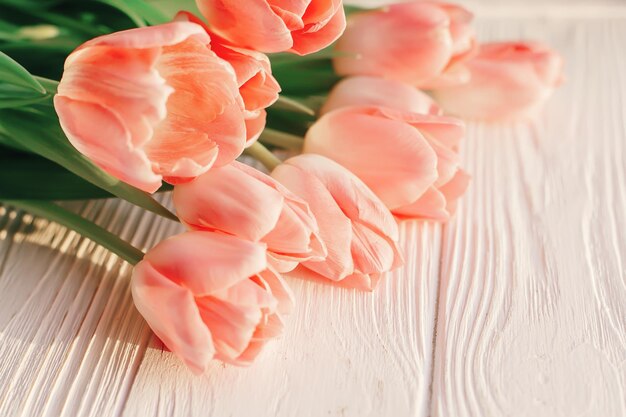 Mooie roze tulpen op witte rustieke houten achtergrond tedere weergave van Lentebloemen in zacht ochtendzonlicht met ruimte voor tekst hallo lente bloggen reclame concept