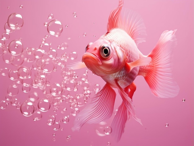 Foto mooie roze vissen zwemmen met bubbels op een roze achtergrond