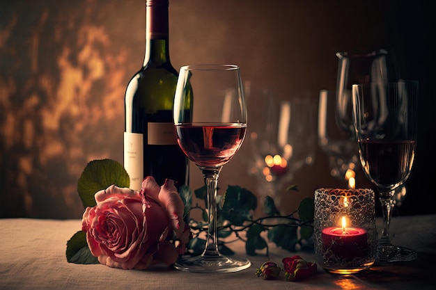Mooie rozen en wijn op een romantische tafel met een onscherpe achtergrond