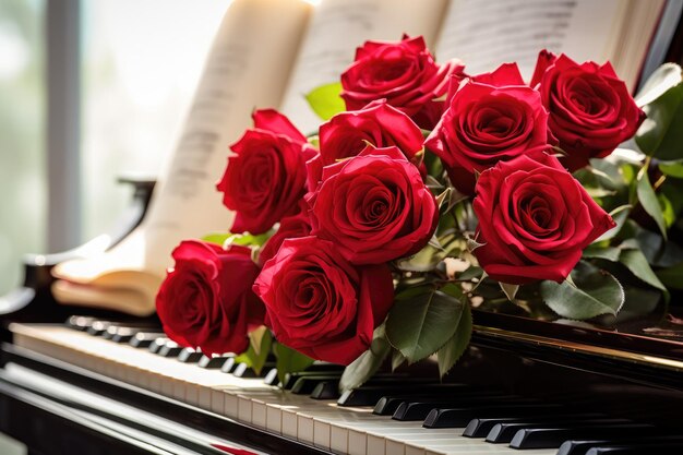 Mooie rozen op een piano symboliseren heldere vreugdevolle liefde bij elke gelegenheid en Valentijnsdag