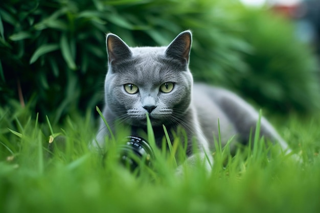 Mooie Russische blauwe kat zittend op het gras met een camera