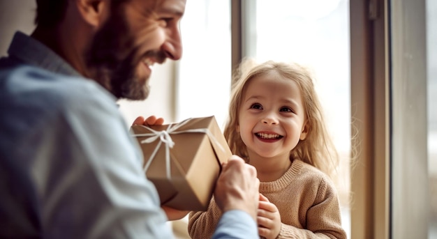 Mooie scène van een gelukkig klein meisje dat een geschenkdoos aan haar vader geeft om Vaderdag te vieren met familie thuis door AI gegenereerd