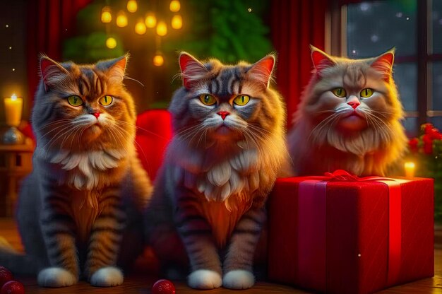 Mooie schattige katten met kerstcadeaus in een feestelijk interieur