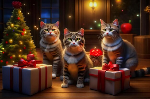 Mooie schattige katten met kerstcadeaus in een feestelijk interieur