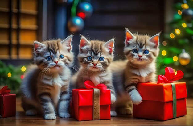 Mooie schattige kittens met kerstcadeaus in een feestelijk interieur