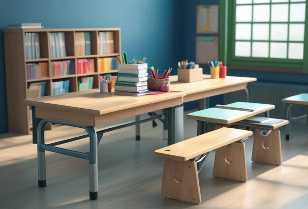 Foto mooie schoolklasbank en tafel met andere benodigdheden voor lerarendag achtergrond