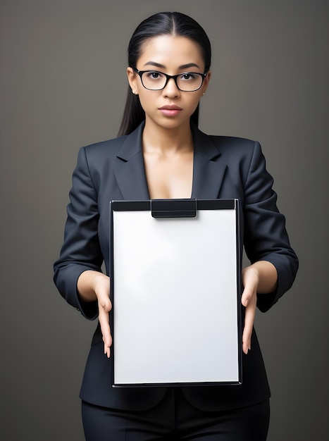 Foto mooie secretaresse met een blank vel papier op donkere achtergrond