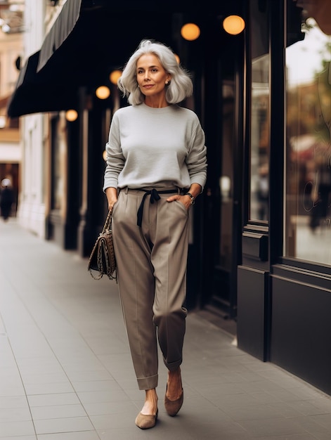 Mooie senior dame met grijs haar poseren staande in de straat van de Europese stad prachtige oudere vrouw fashion model streetstyle blogger portret