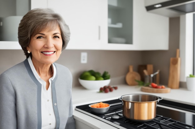 Mooie senior volwassen vrouw die gezond en lekker eten bereidt in de keuken