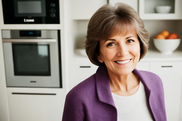 Mooie senior volwassen vrouw die gezond en lekker eten bereidt in de keuken