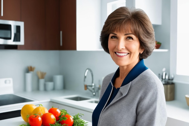 Mooie senior volwassen vrouw die gezond en lekker eten bereidt in de keuken