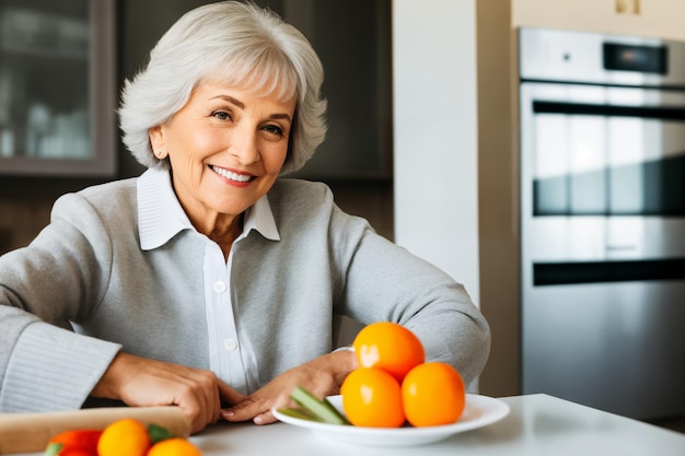 Mooie senior volwassen vrouw die gezond en lekker eten bereidt in de keuken