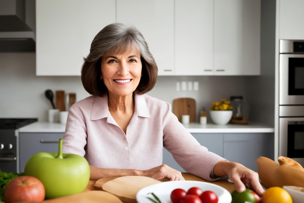 Mooie senior volwassen vrouw die gezond en lekker eten bereidt in de keuken