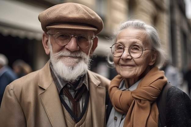 Mooie senioren paar buitenshuis in de stad Glimlachende oude mensen Gelukkig pensioen Positief ouder worden Gepensioneerden verheugen elkaar goed humeur Cool senior Portret close-up weergave Generatieve AI