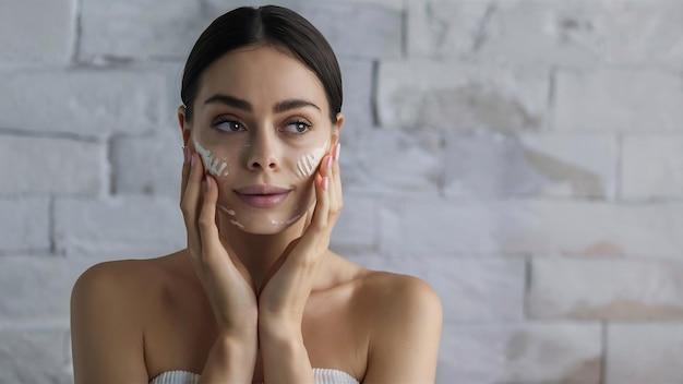 Mooie sensuele vrouw die haar gezicht aanraakt geïsoleerd op witte muur schoonheid en huidverzorging concept spa