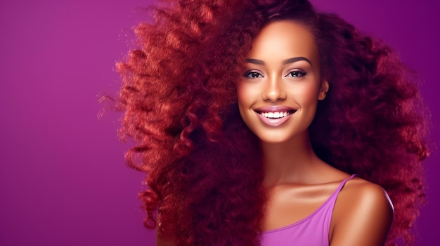 Mooie sexy vrolijke glimlachende donkere Afro-Amerikaanse vrouw met perfecte huid en rood haar op een