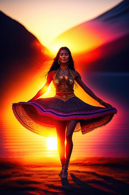 Mooie sjamanische vrouw die danst en de geesten van de natuur oproept in een prachtig zonsondergang.