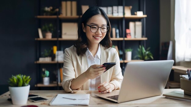 Mooie slimme jonge Aziatische ondernemer zakenvrouw eigenaar van sme checking product op stock scan