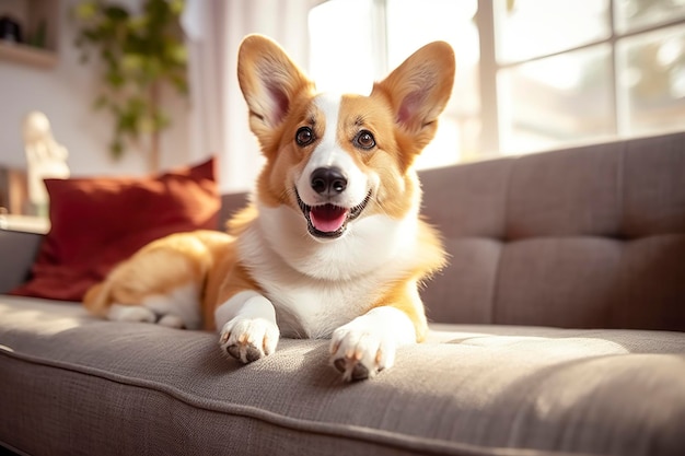 Mooie slimme kalme rasechte corgi-hond die op de bank ligt in de woonkamer Generatieve AI