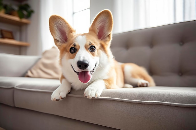 Mooie slimme, rustige, rasechte corgi-hond die op de bank ligt in de woonkamer Generatieve AI