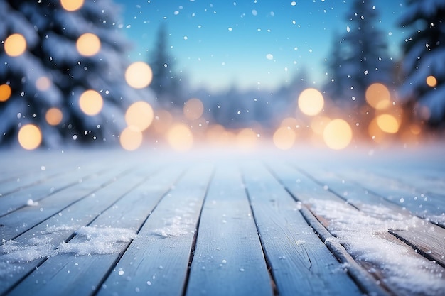 Mooie sneeuwige winter, vervaagde blauwe achtergrond en lege houten vloer, sneeuwvlokken vallen en glinsteren op lichte kopie ruimte.
