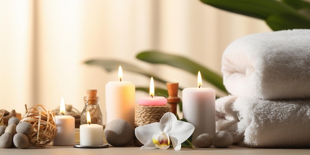 Mooie spa-behandeling samenstelling zoals handdoeken kaarsen essentiële oliën massage stenen op lichte houten achtergrond vervagen woonkamer natuurlijke crèmes en hydraterende