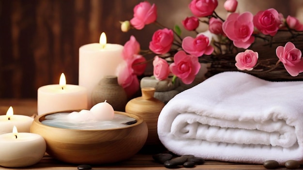 Mooie spa compositie door handdoek kaars en bloemen met schoonheidsproducten