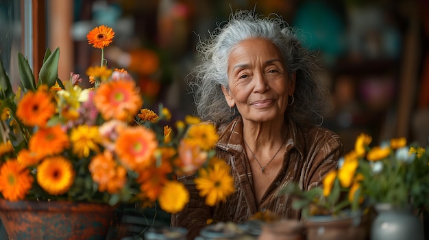 Mooie Spaanse vrouw poseert met haar moederdag geschenk een prachtig boeket bloemen