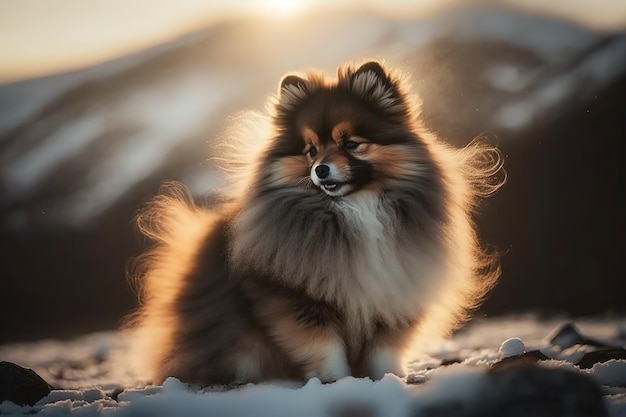 Mooie spitse hond op een achtergrond van witte sneeuw Generatieve AI