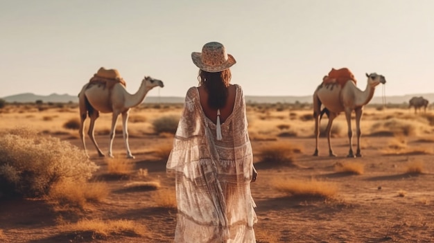 Foto mooie stamvrouw en en wilde dieren in de woestijn