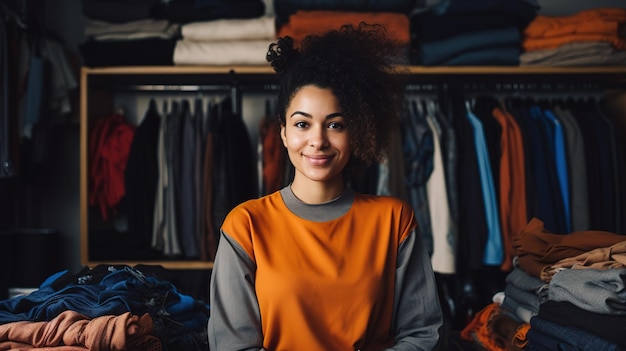 Mooie statige bruinharige vrouw uit Colombia glimlacht in een winkelcentrum met kleding