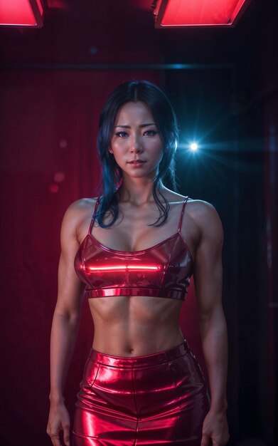Mooie sterke vrouw in donkere kamer met rood en blauw licht Generatieve AI