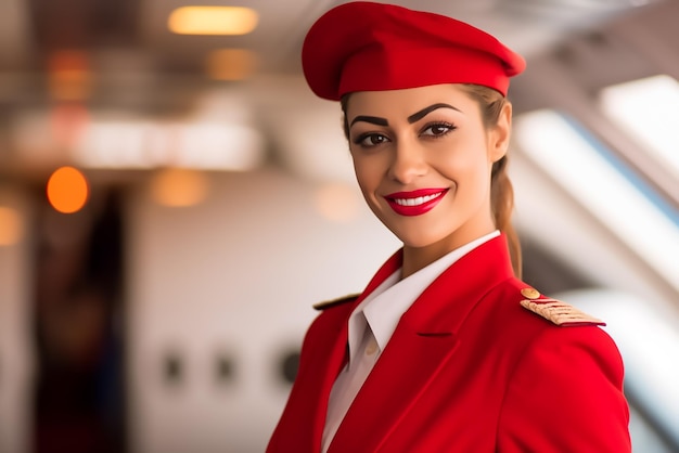 Mooie stewardess in rood uniform