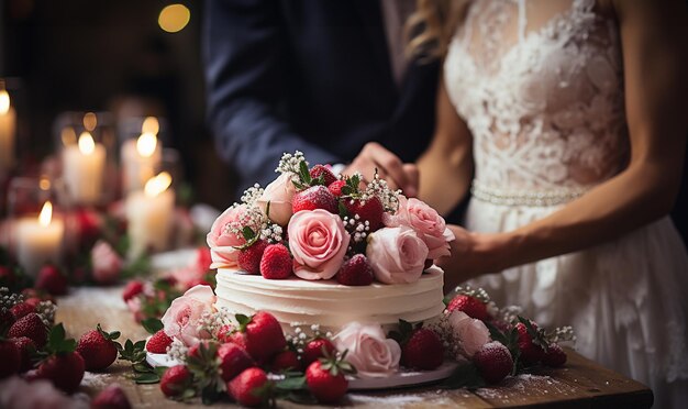 Mooie stijlvolle bruidstaart met roze bloemen wazig bruid en bruidegom hun bruiloft snijden