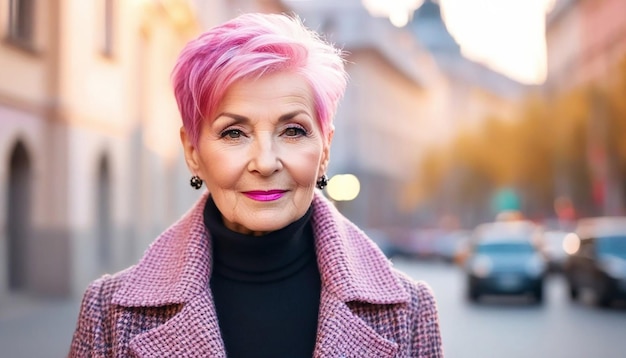 Mooie stijlvolle oudere vrouw met gekleurd haar Generatieve AI illustratie