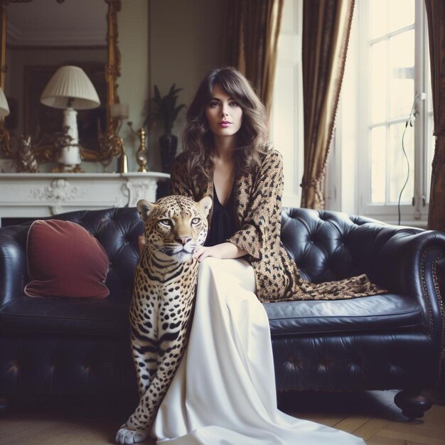 mooie stijlvolle vrouw in mode jurk met luipaard print in luxe huis interieur