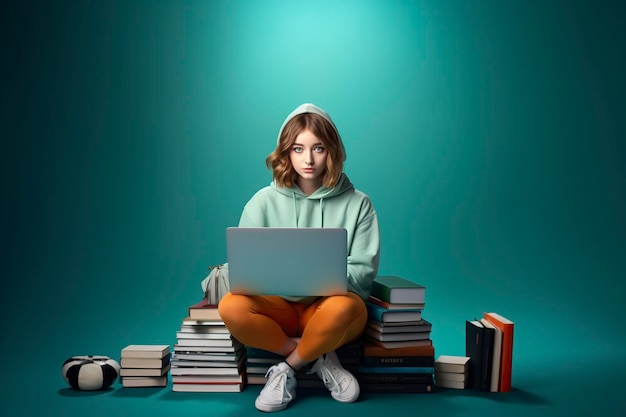 Mooie student meisje zit op een paar boeken met haar laptop