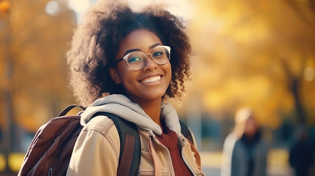 Mooie Student zwart meisje met rugzak en bril in het Park herfst onderwijs leren