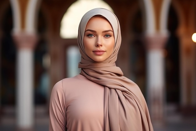 mooie supermodel vrouw die modieuze trendy hijab draagt op de achtergrond van de moskee