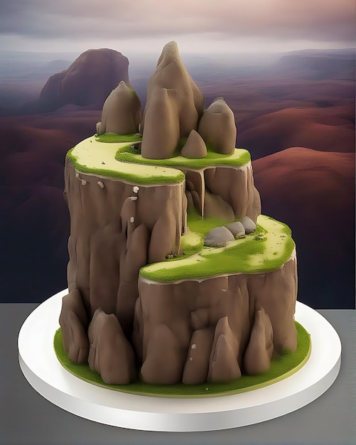 Mooie taart die zich in een natuurlijk landschap en bergen bevindt die op prachtige taarten lijken