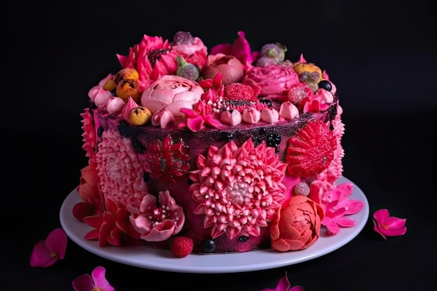 Mooie taart gedecoreerd met veel bloemen Bruidstaart Generatieve AI