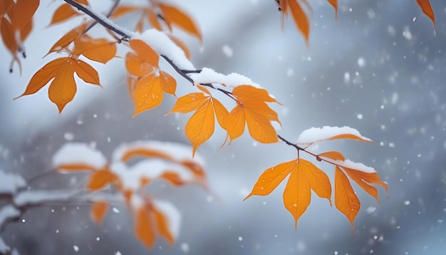 Mooie tak met oranje en gele bladeren in de late herfst of vroege winter onder de sneeuw