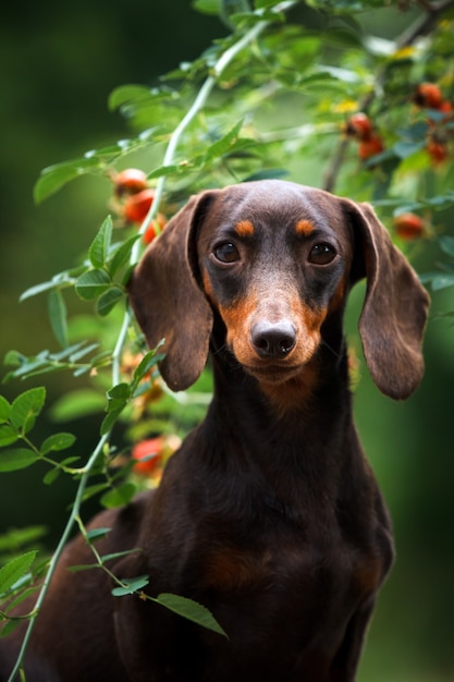 Mooie teckel hond met rode bessen