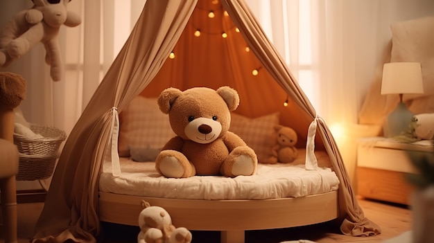 Mooie teddybeer op baby bed